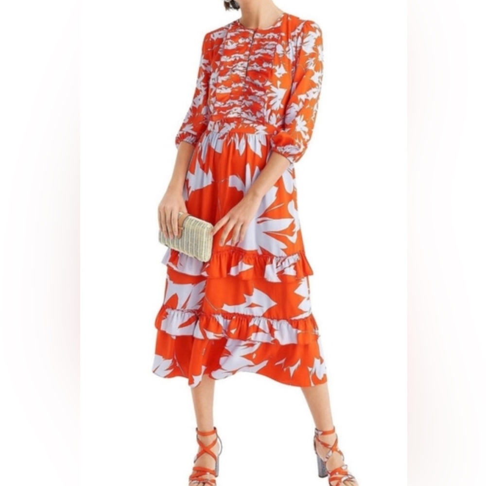 Jcrew silky floral midi dress with ruffle at bottom of hem and at neckline.